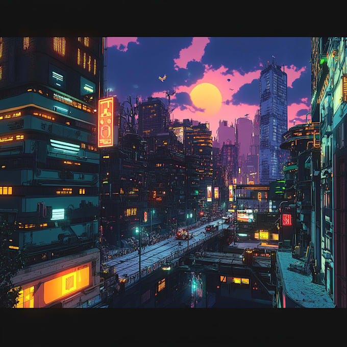 create a cyberpunk futuristic city art