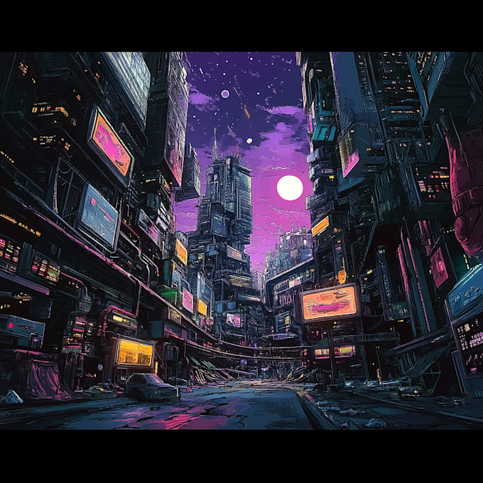 create a cyberpunk futuristic city art