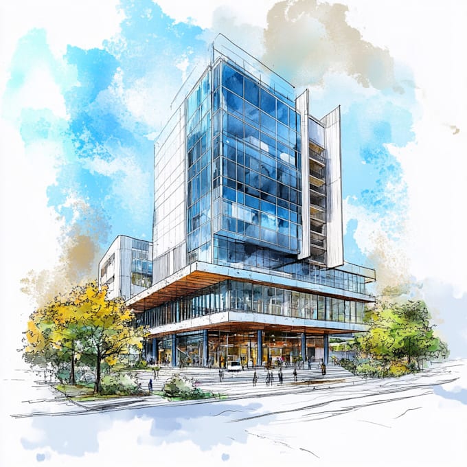 sketch architecture building with watercolor rendering