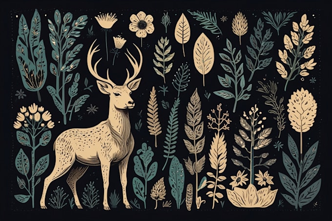 illustrate botanical and animal linocut vector illustration