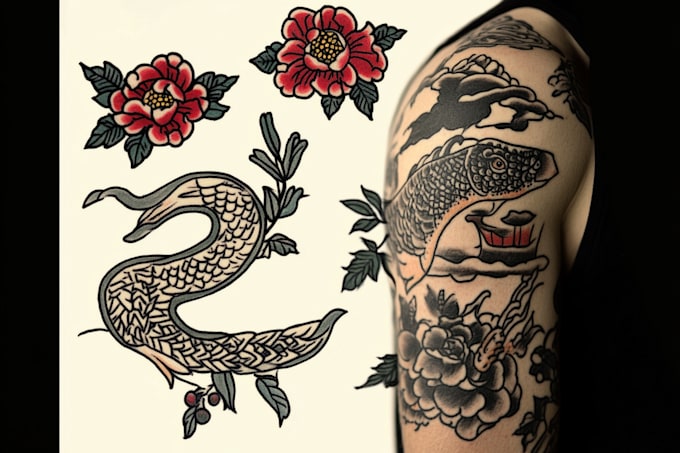design custom flash tattoo in woodblock style