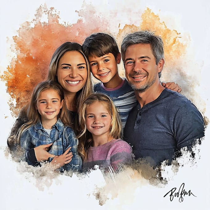 paint a family portrait into a digital watercolor painting with oil painting