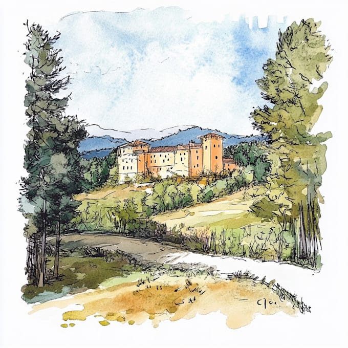 Hand draw landscape sketch watercolor and ink by Danbrace | Fiverr