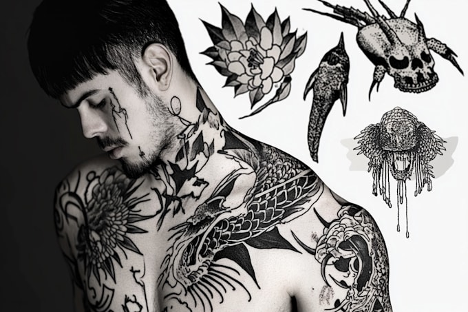 do unique blackwork, patchwork, and fine lines custom tattoo