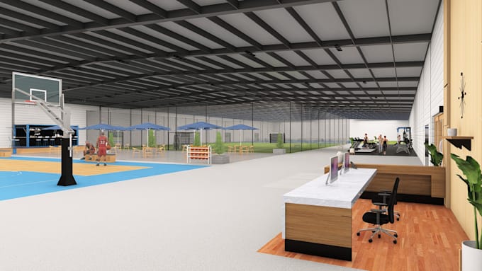 design your sport center and facilites, sport field, gym with 3d rendering