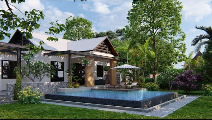 reshape 3d backyard,landscape design,frontyard,pool deck,garden,render in revit