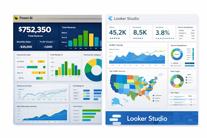 create power bi dashboard, looker studio dashboard, visualizations