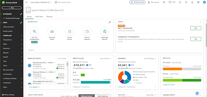 setup, bookkeeping in xero or quickbooks online, wave