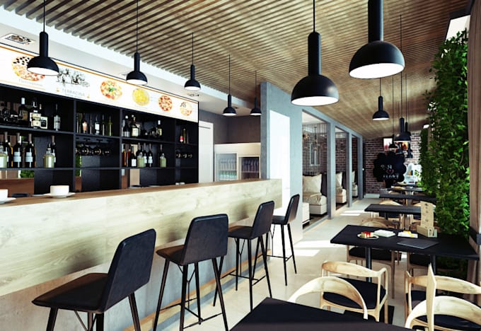 interior design restaurant house model cafe bar kitchen realistic 3d rendering