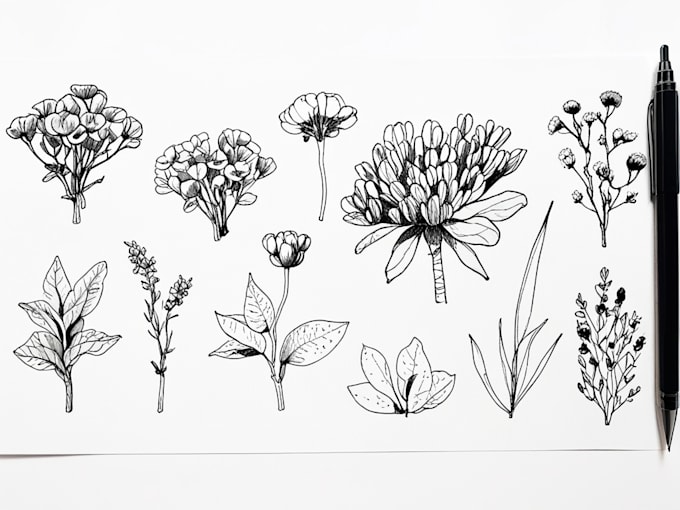 create a botanical black and white pen sketch