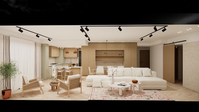 design and render 3d interior for bedroom or living room with modern style