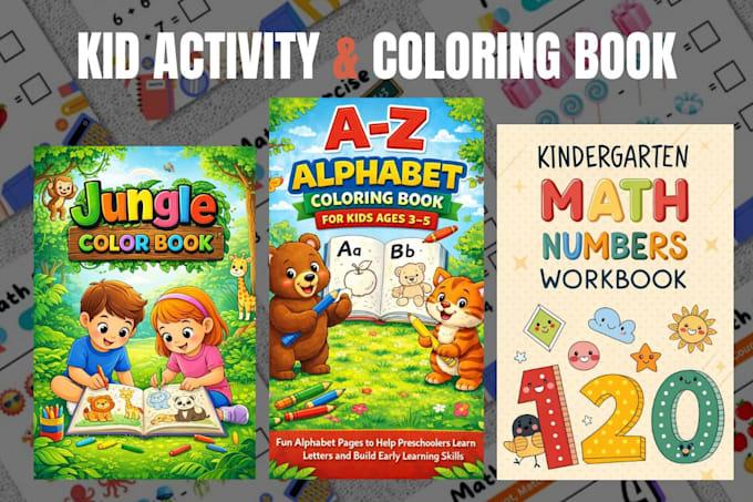 design kid activity book, children workbook, kid math worksheets, coloring book