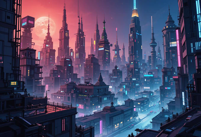 Draw illustration of futuristic cyberpunk city art by Dailysend | Fiverr