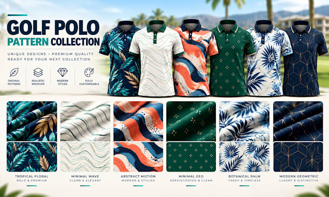 design custom golf polo shirts, patterns and mockups