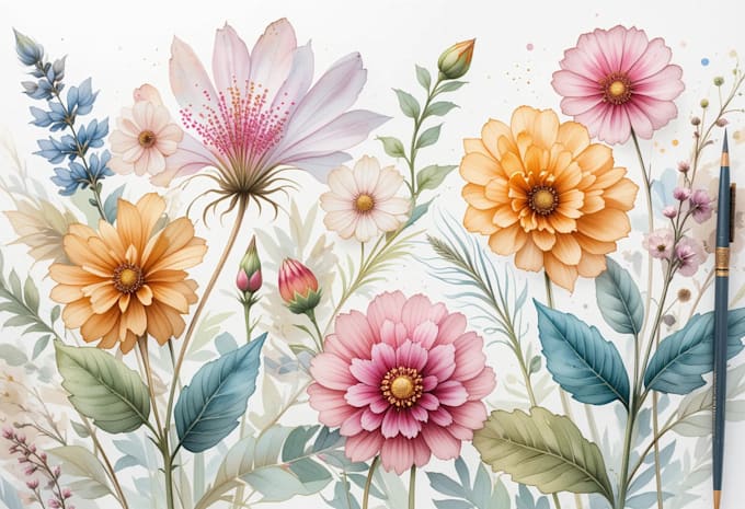 create a botanical watercolor illustration, floral drawing