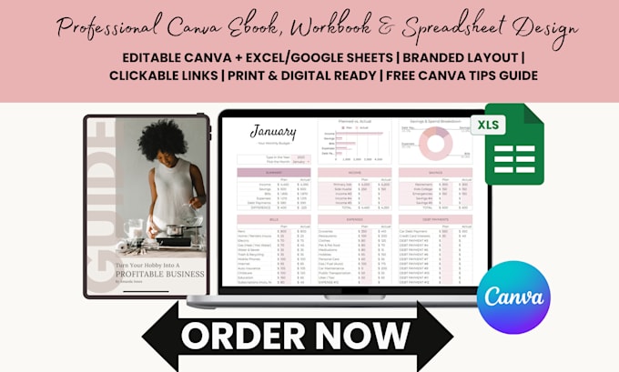 edit canva workbook, budget spreadsheet, canva ebook design,canva ebook redesign
