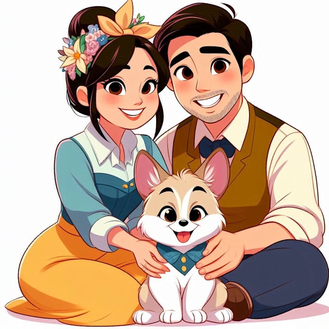 do a disney cartoon style couple, family,pet vector
