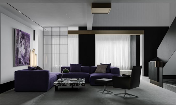modern 3d villa apartment, render minimalist interior, lounge area, pool garden