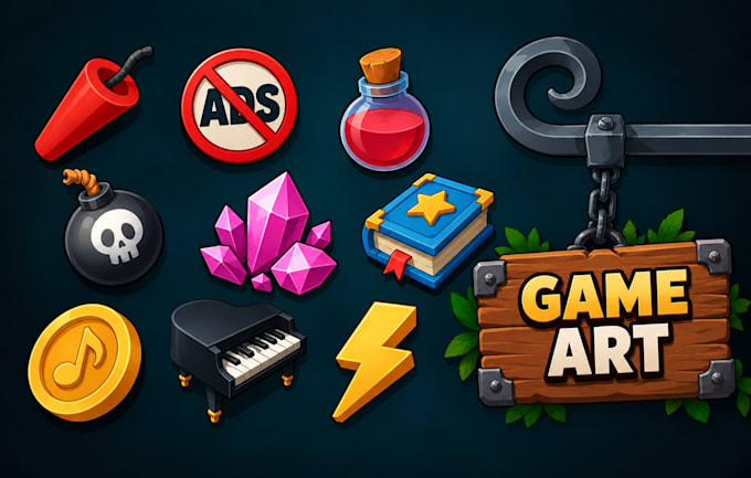 create high quality 2d game assets, props, icons, objects, and UI