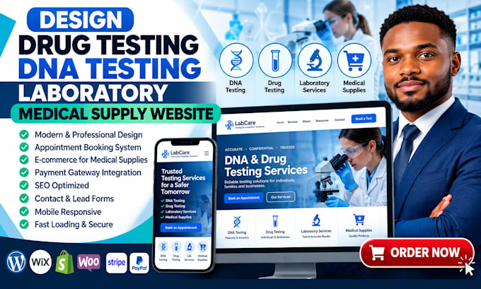design drug testing website, dna testing, laboratory, medical supply website