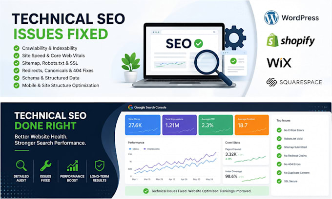 fix technical SEO issues on wordpress shopify wix and squarespace
