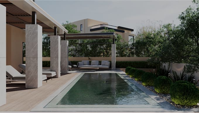 design realistic backyard, pool, patio and terrace 3d landscape renderings