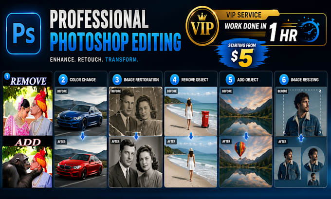 remove object, face swap, image resize or any photoshop edit within 1 hour