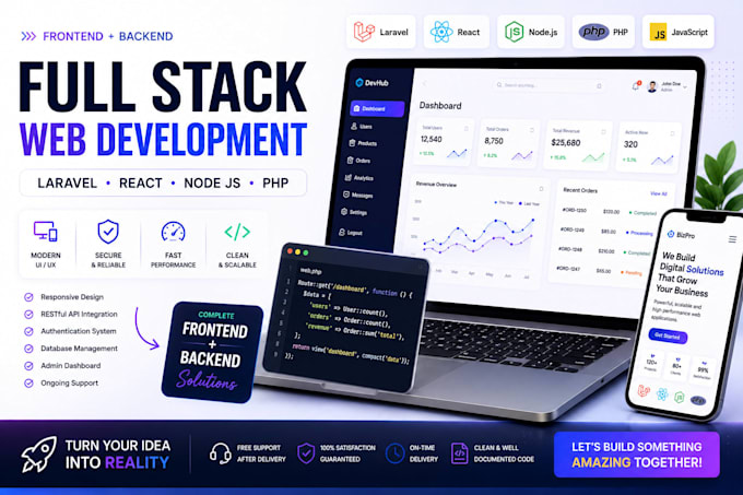 develop modern full stack websites using laravel react PHP node js