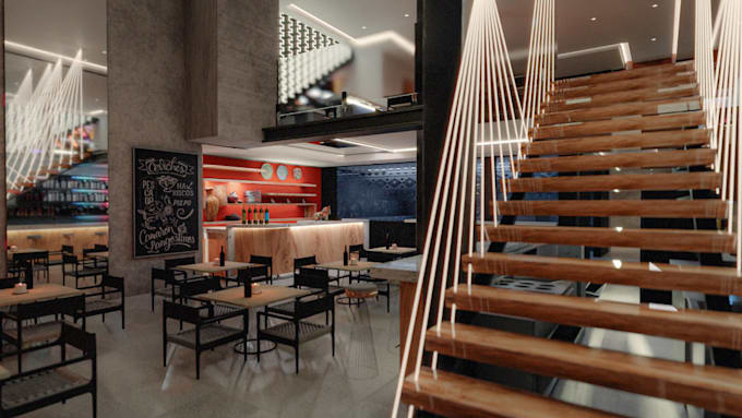 build 3d modern restaurant in vectorwork,render 3d cafe wine store, bar interior