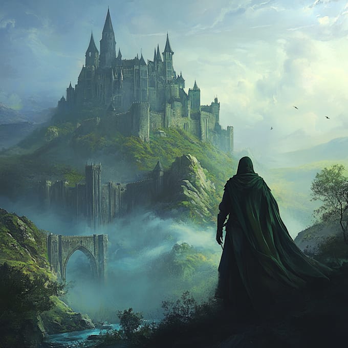 do an epic fantasy artwork with monsters, dragons, castles