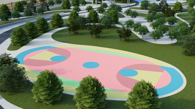 design 3d resort rv park,garden design,landscape render,playground,cabins,beach