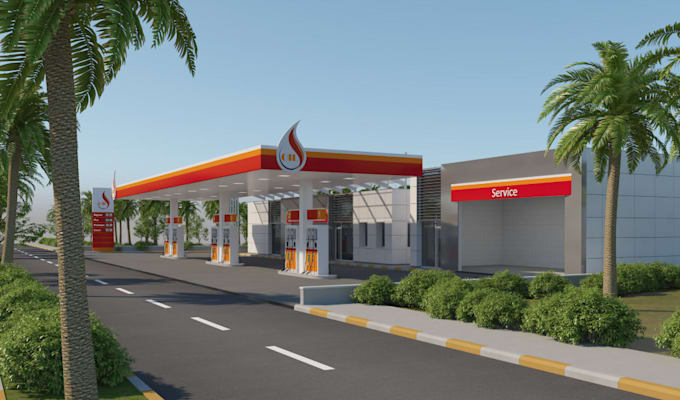 design modern petrol station design,3d cgi fuel station, bus stands,gas station