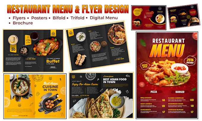 do restaurant food menu design, digital menu board, fast food flyer, brochure