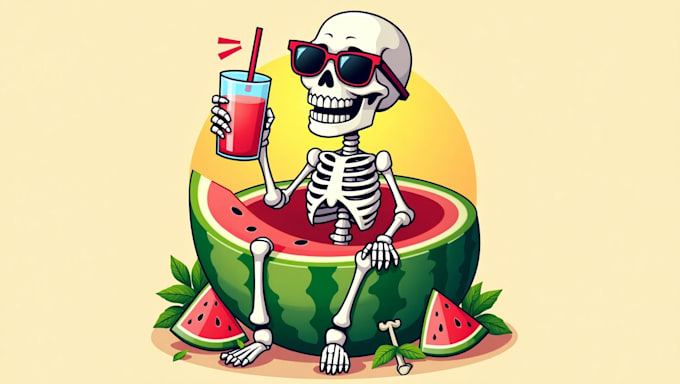 create skeleton drinking o watermelon logo within two days