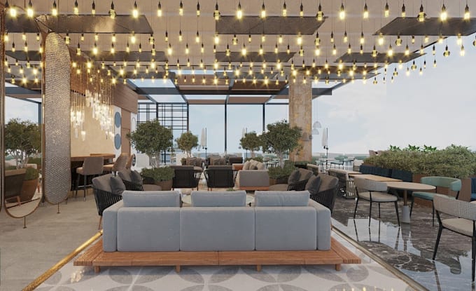 render 3d restaurant interior design, bar, rooftop lounge,café, out door caffe