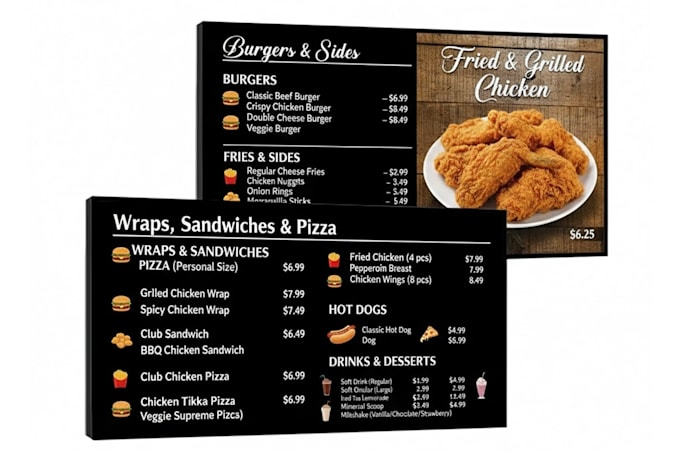 create a flyer, digital menu board, and simple food menu design fortv restaurant