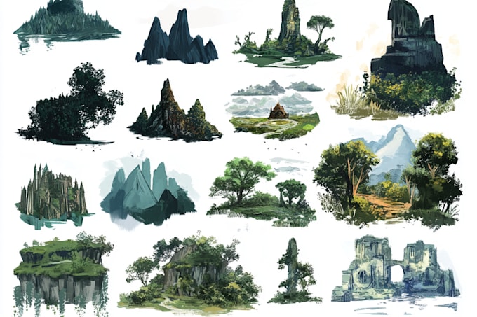 illustrate environments, landscapes, board game, concept art