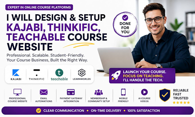 design and setup a kajabi thinkific or teachable course website
