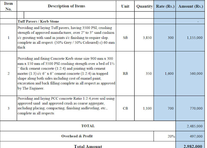 provide excel based construction quantity takeoff service