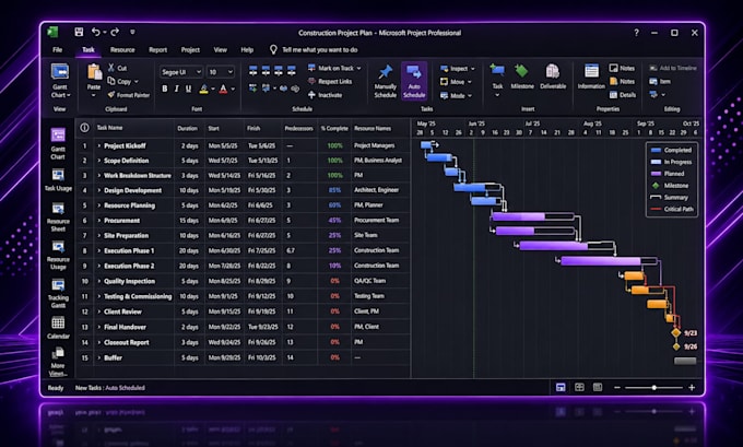 create gantt chart, schedule in ms project and excel