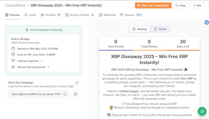 set up viral giveaway campaign on upviral viralsweep gleam for lead generation