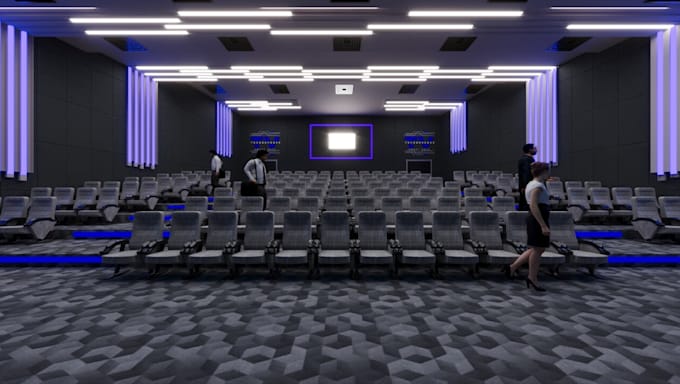 do 3d cinema hall interior, restaurant design, cafe bar rendering, retail store