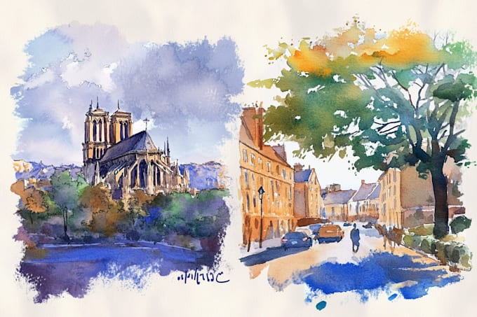 paint landscape and architechtural structure with watercolor