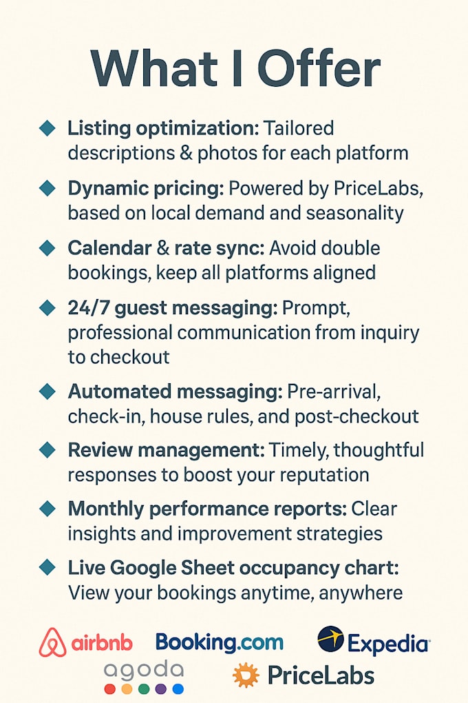 be your virtual property manager for airbnb booking com and expedia etc