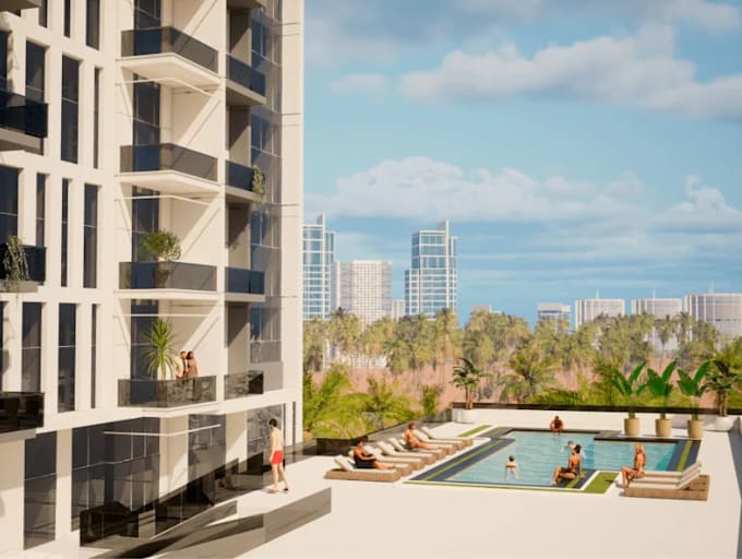 remodel skyscraper exterior, high rise building, hotel resort,cgi celling render