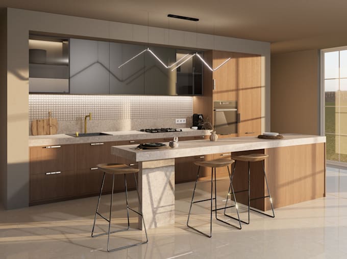 design and render modern 3d kitchen interiors