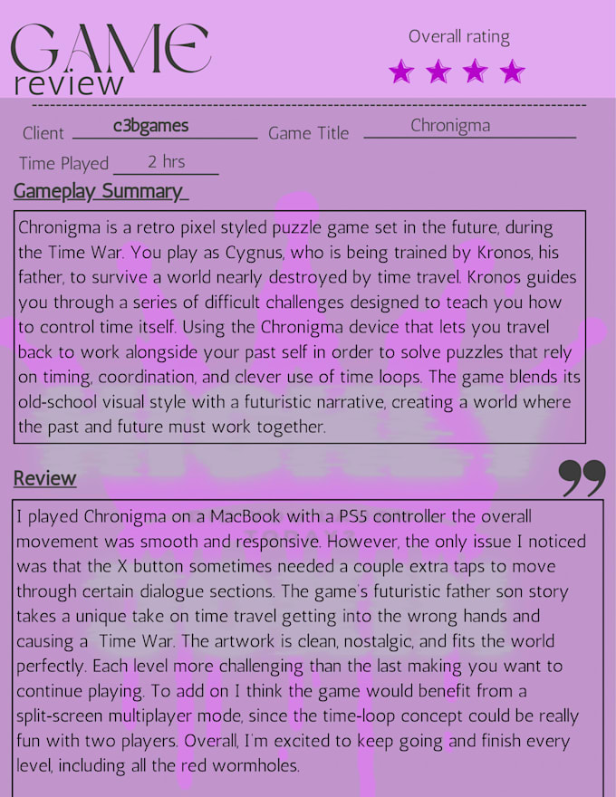 be your go to gamer for helpful game play testing