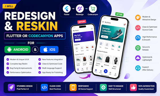 redesign and reskin flutter or codecanyon apps for android ios
