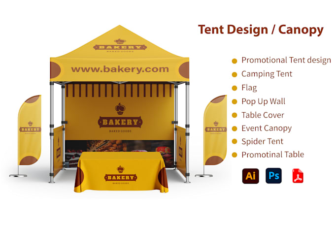 design tent, table cover, feather flag, pop up tent