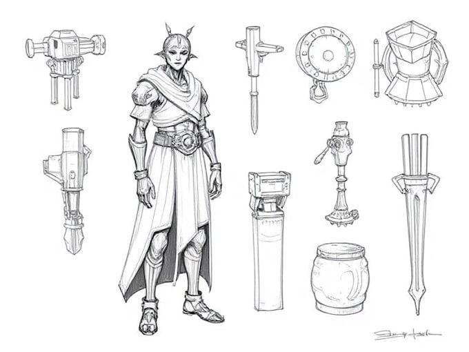 draw a concept sketch of characters, objects, background